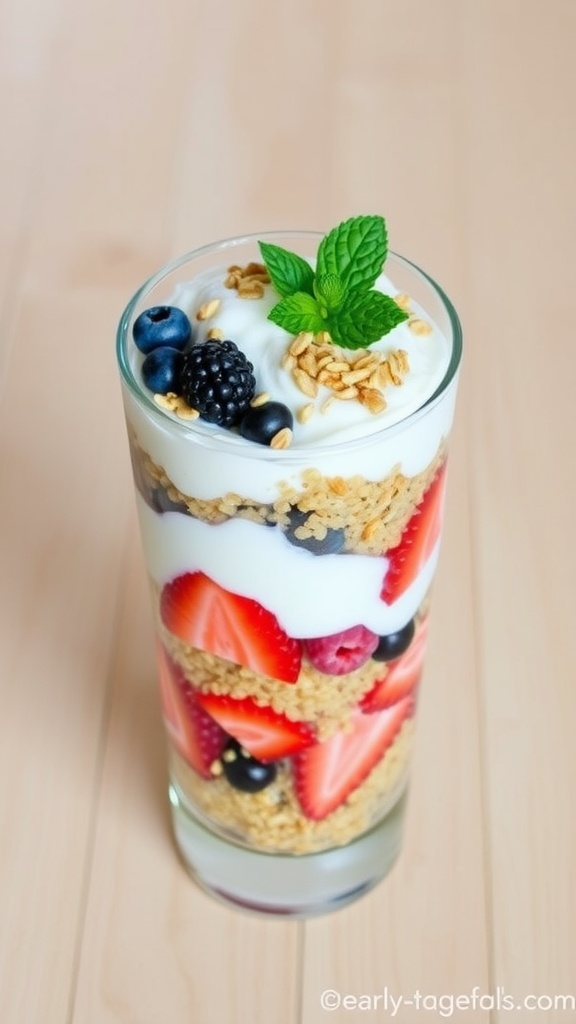 A delicious quinoa yogurt parfait with layers of yogurt, quinoa, and berries, garnished with mint and granola.